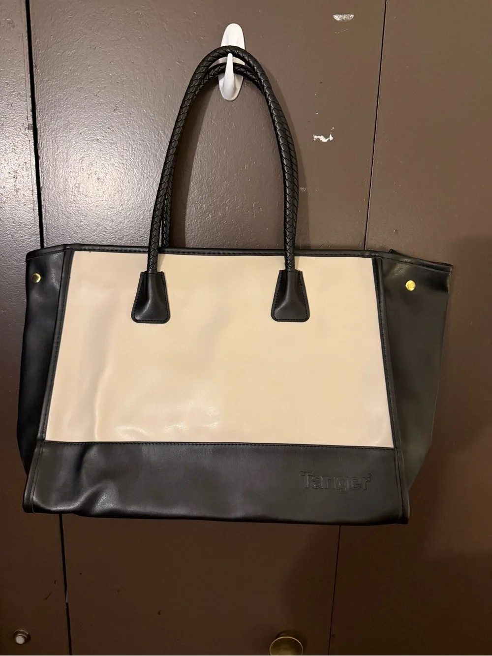 Two-Tone Black and Cream Braided-Handle Tote